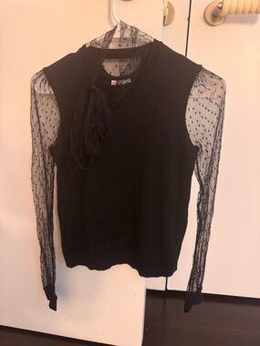 Red Valentino Black Sheer Dot Sleeve Knit Top with Tie Neck size Small